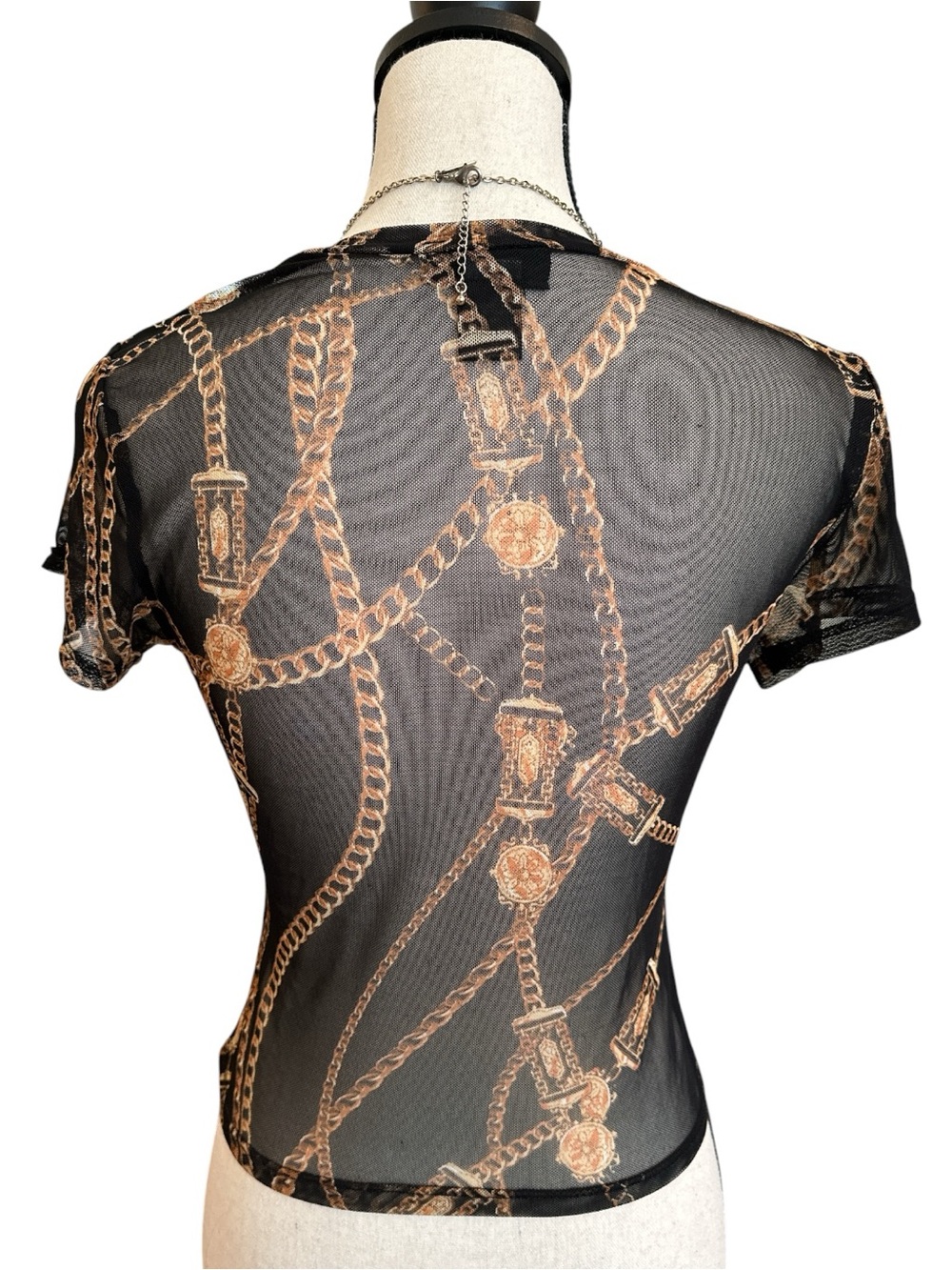 Just Polly Black Chain Print Sheer Mesh Cropped Baby Tee Y2K It Girl Small - Picture 2 of 5